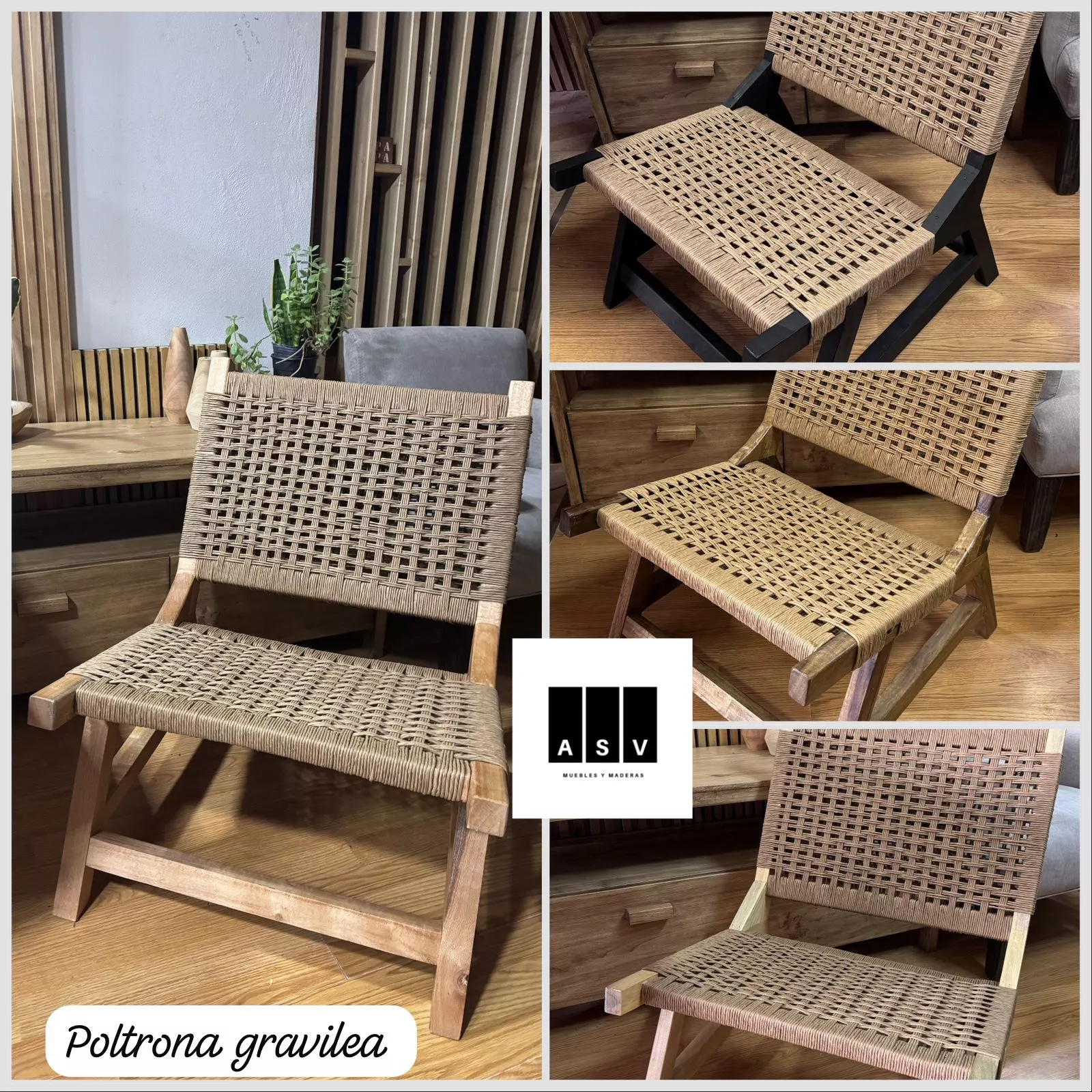 POLTRONA DE MADERA NATIVA TEJIDA CON HILO CRAFT